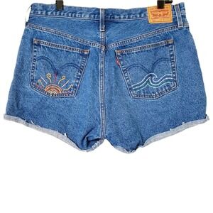 Levis 501 Denim Shorts High Waist Embroidered Sun Wave Medium Wash Cut Off Jorts